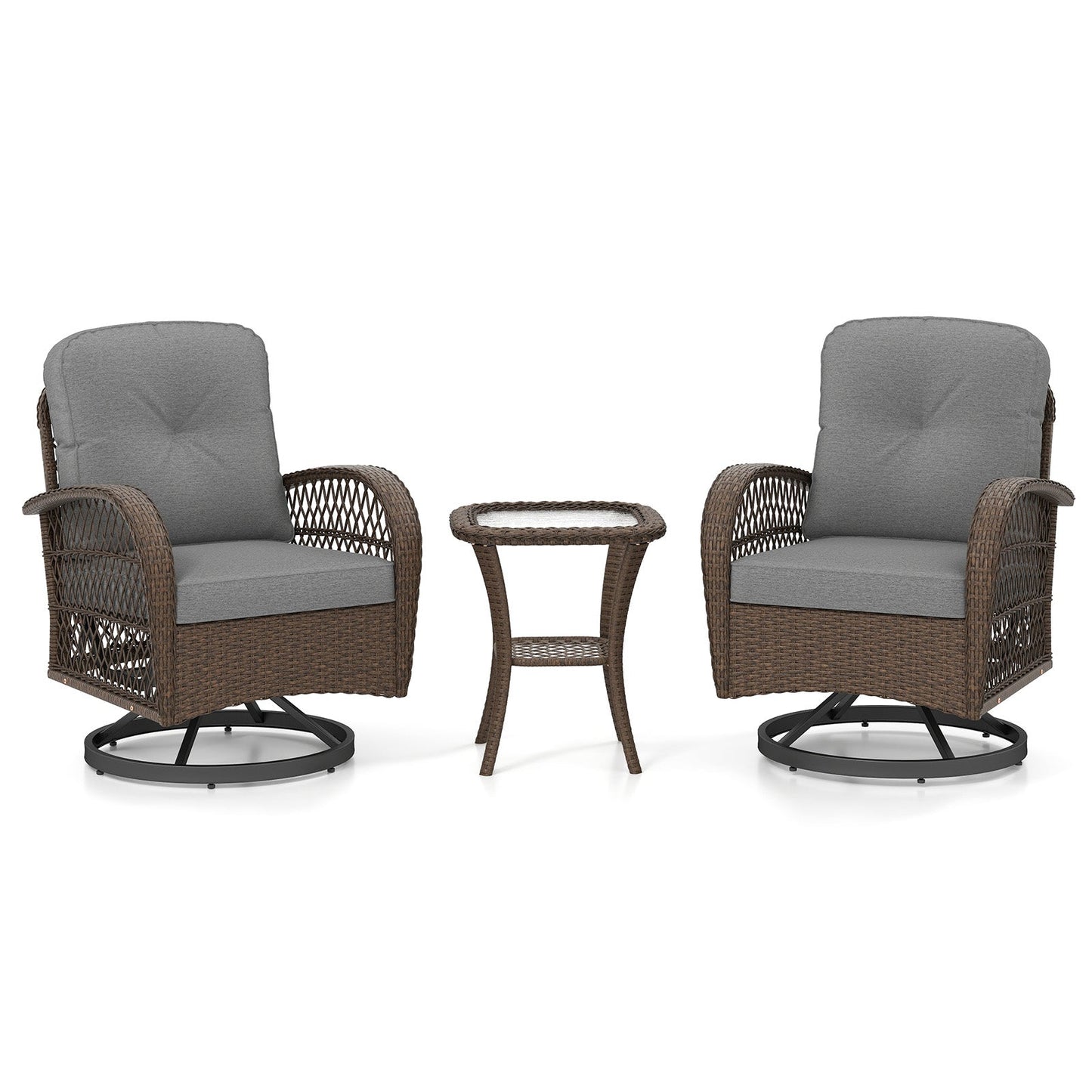 3 Pieces Outdoor Patio Furniture Set with Table and 2 Swivel Rocking Chairs-Grey