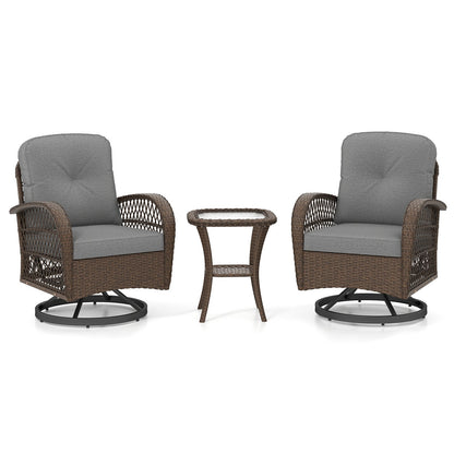3 Pieces Outdoor Patio Furniture Set with Table and 2 Swivel Rocking Chairs-Grey