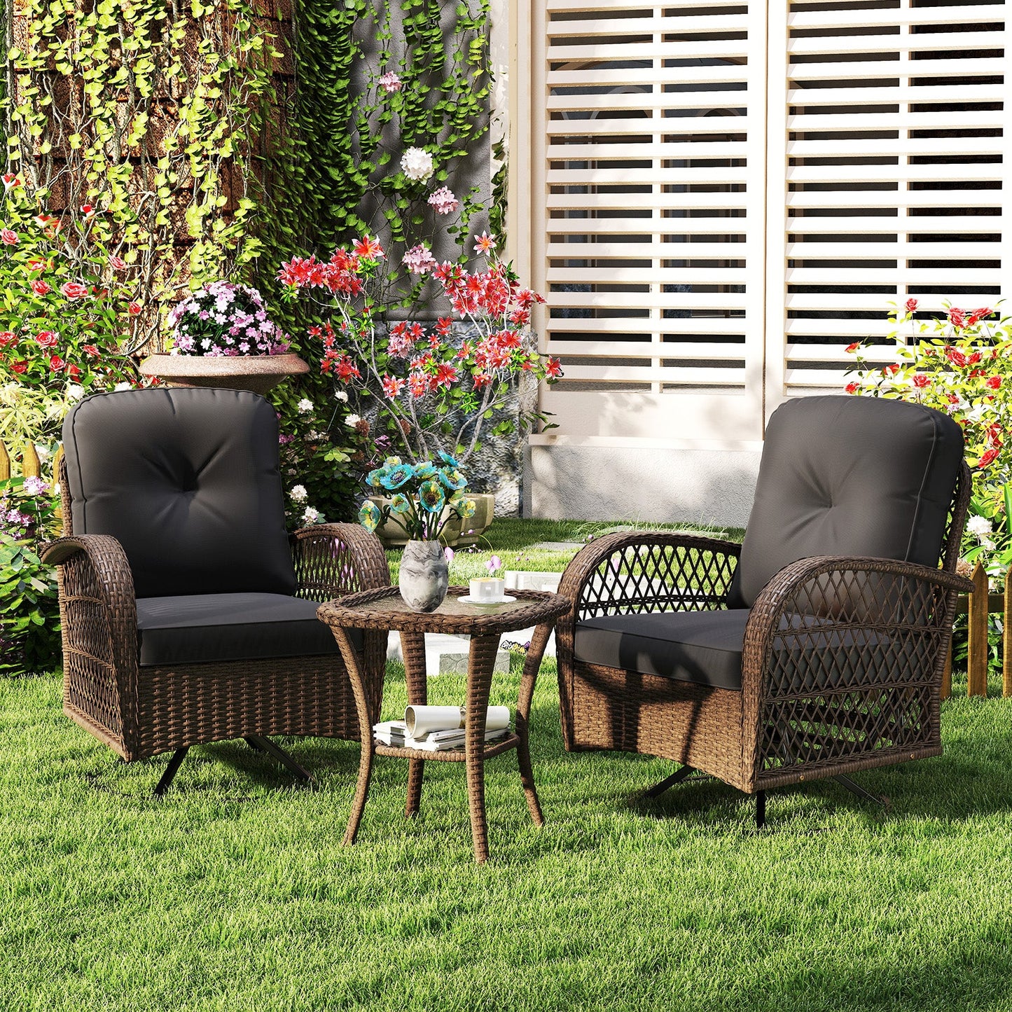 3 Pieces Outdoor Patio Furniture Set with Table and 2 Swivel Rocking Chairs-Black