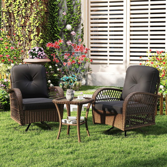 3 Pieces Outdoor Patio Furniture Set with Table and 2 Swivel Rocking Chairs-Black