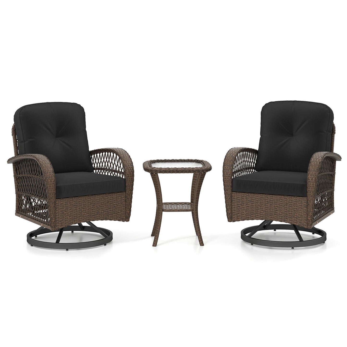 3 Pieces Outdoor Patio Furniture Set with Table and 2 Swivel Rocking Chairs-Black
