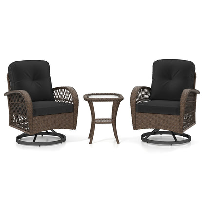 3 Pieces Outdoor Patio Furniture Set with Table and 2 Swivel Rocking Chairs-Black