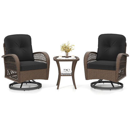 3 Pieces Outdoor Patio Furniture Set with Table and 2 Swivel Rocking Chairs-Black