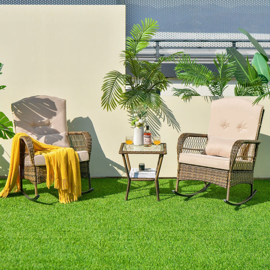 3 Piece Outdoor Rocking Chair Set with Cozy Cushions and Pillow-Beige