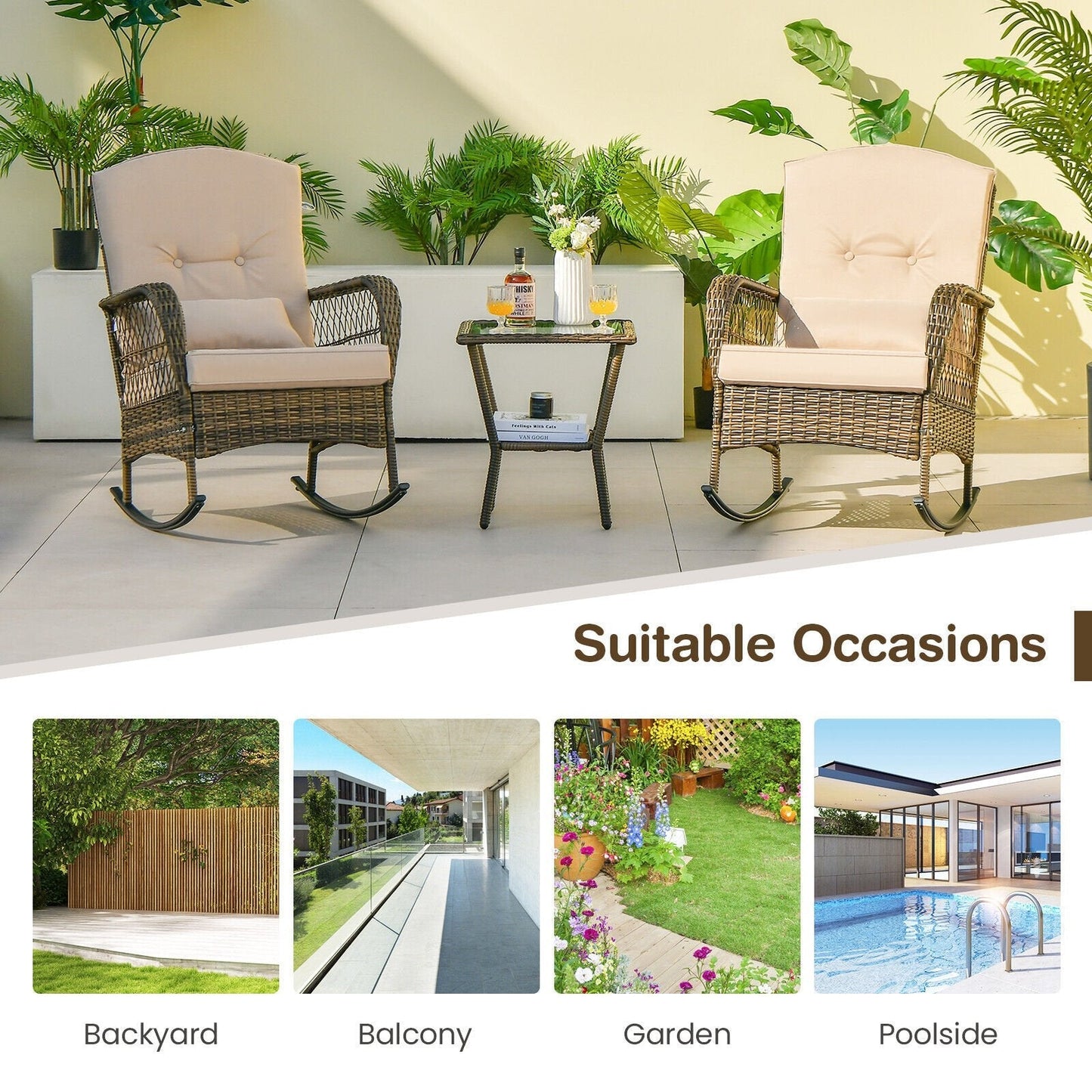 3 Piece Outdoor Rocking Chair Set with Cozy Cushions and Pillow-Beige