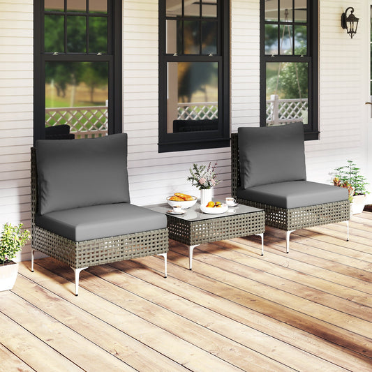 3 Pieces PE Rattan Conversation Chairs with Tempered Glass Coffee Table for Garden Porch-Grey