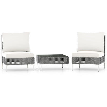 3 Pieces PE Rattan Conversation Chairs with Tempered Glass Coffee Table for Garden Porch-White