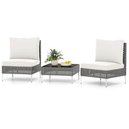 3 Pieces PE Rattan Conversation Chairs with Tempered Glass Coffee Table for Garden Porch-White