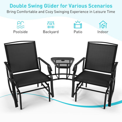 Outdoor Double Swing Glider Chair with Table and Umbrella Hole-Black
