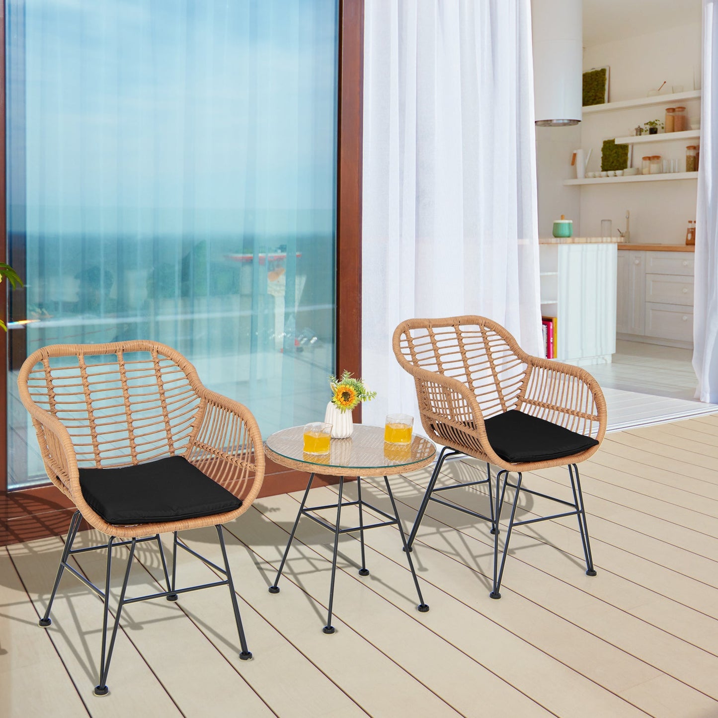 3 Pieces Patio Bistro Set with White Fabric Replacements-Black