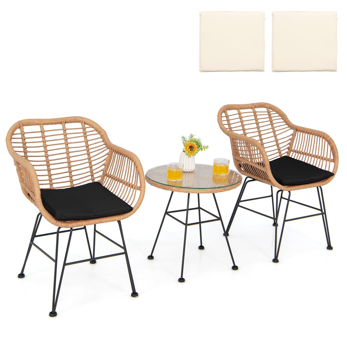 3 Pieces Patio Bistro Set with White Fabric Replacements-Black