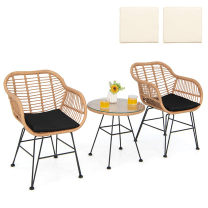 3 Pieces Patio Bistro Set with White Fabric Replacements-Black