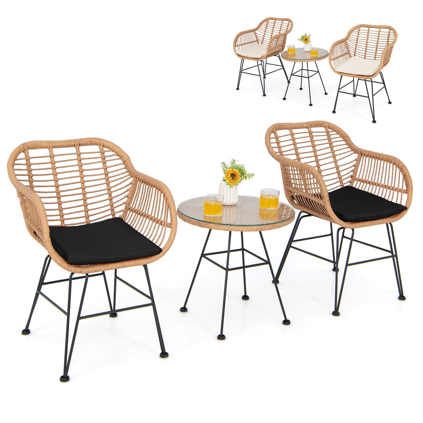 3 Pieces Patio Bistro Set with White Fabric Replacements-Black