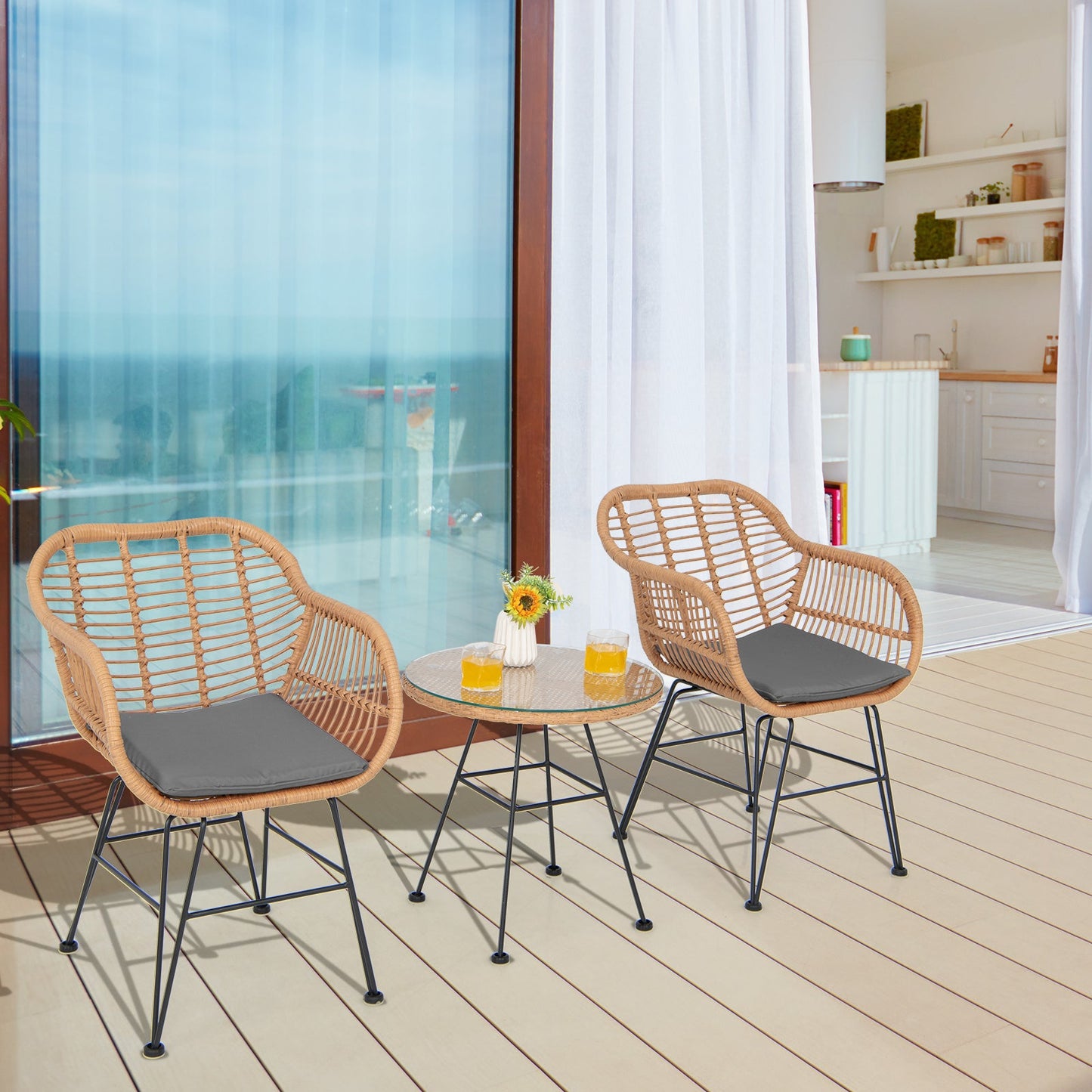 3 Pieces Patio Bistro Set with White Fabric Replacements-Grey