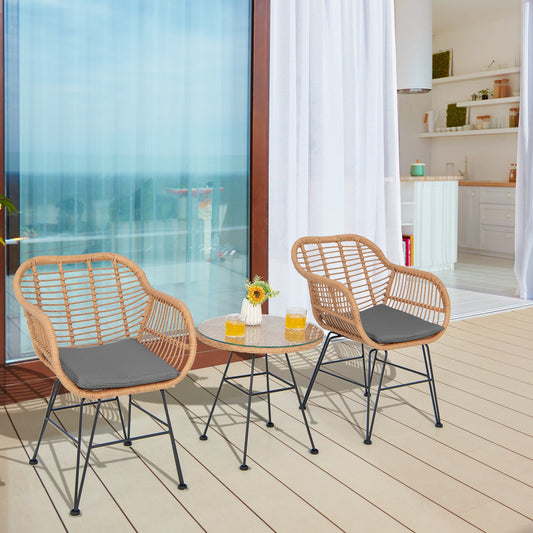 3 Pieces Patio Bistro Set with White Fabric Replacements-Grey