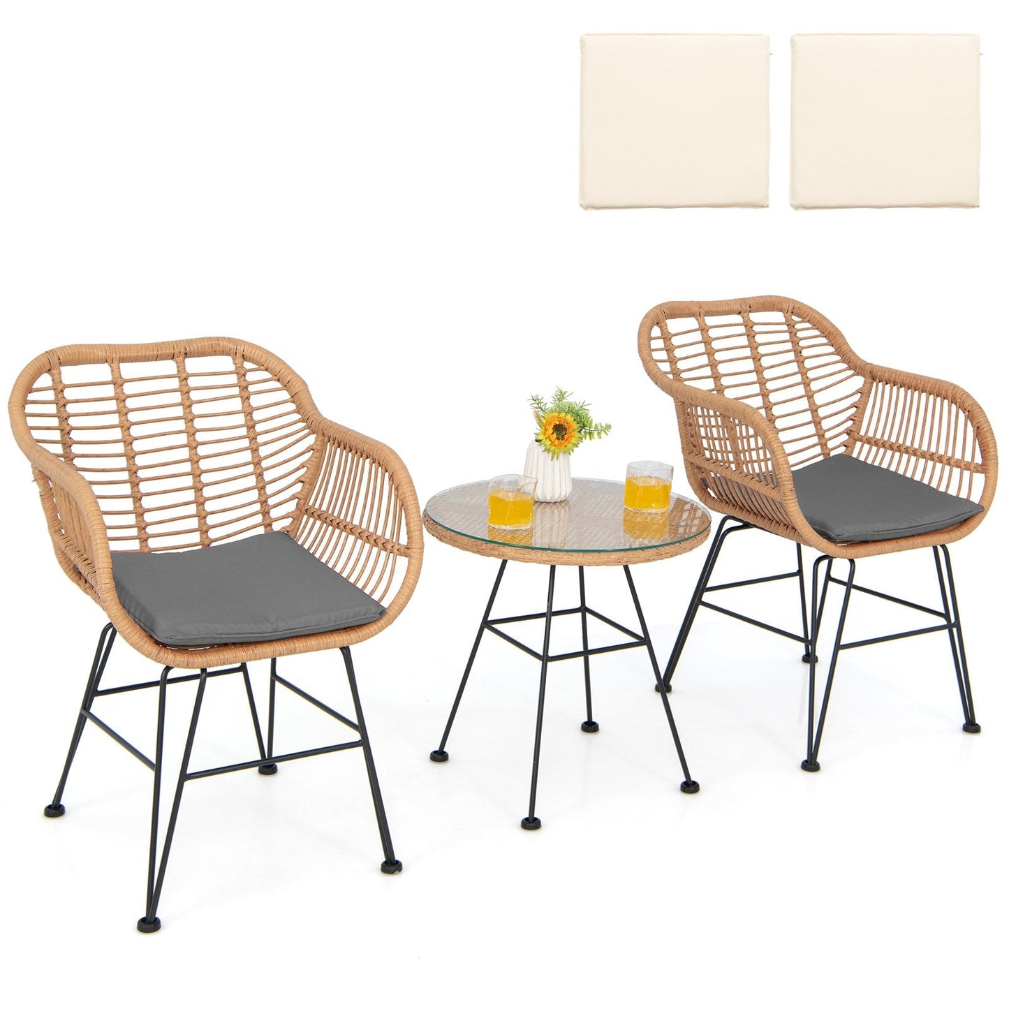 3 Pieces Patio Bistro Set with White Fabric Replacements-Grey