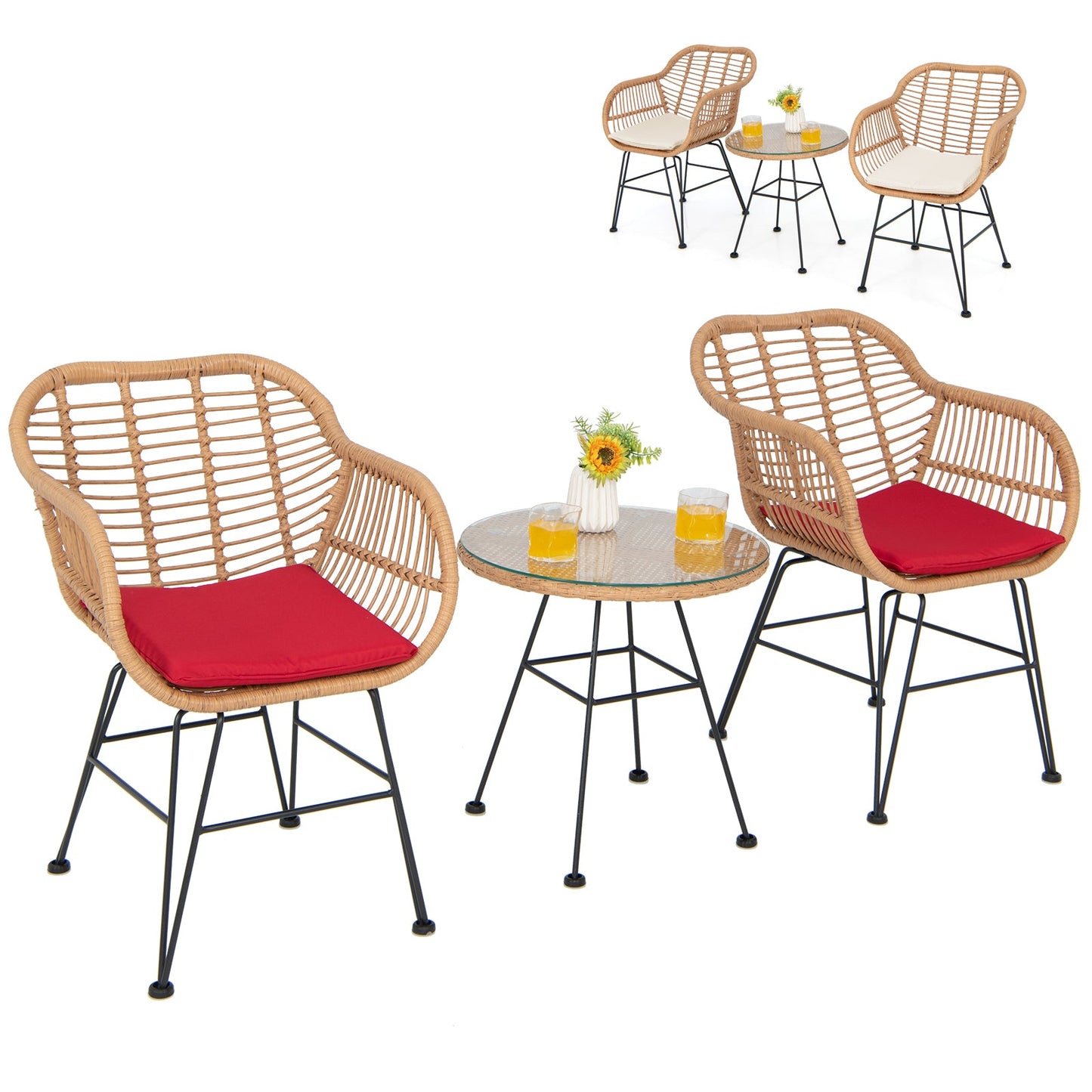 3 Pieces Patio Bistro Set with White Fabric Replacements-Red