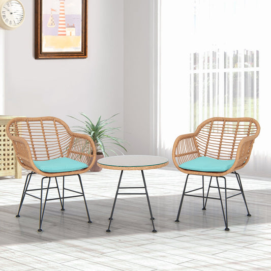 3 Pieces Patio Bistro Set with White Fabric Replacements-Turquoise