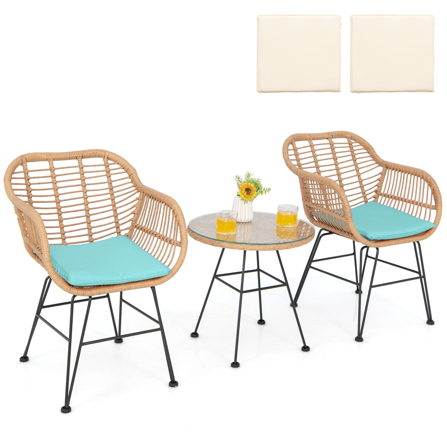 3 Pieces Patio Bistro Set with White Fabric Replacements-Turquoise