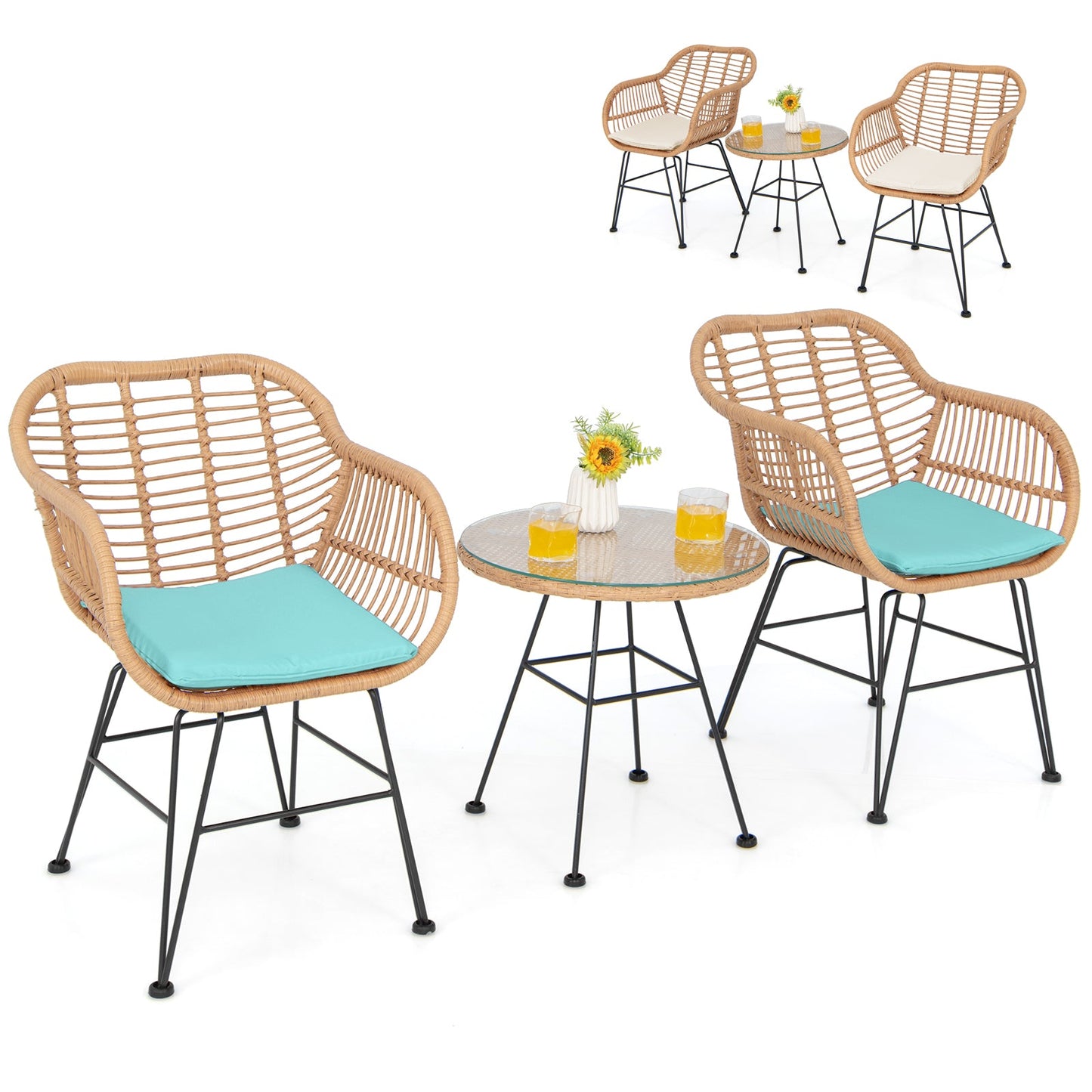 3 Pieces Patio Bistro Set with White Fabric Replacements-Turquoise