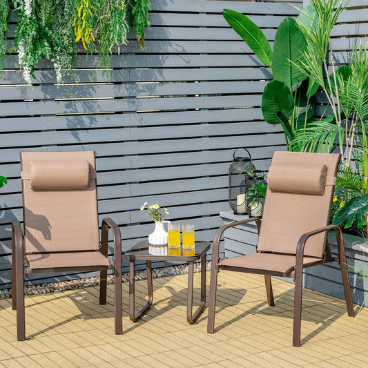 3 Pieces Patio Bistro Set with Coffee Table and 2 Stackable Chairs-Brown