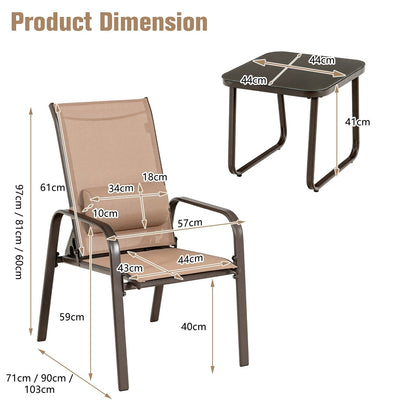 3 Pieces Patio Bistro Set with Coffee Table and 2 Stackable Chairs-Brown