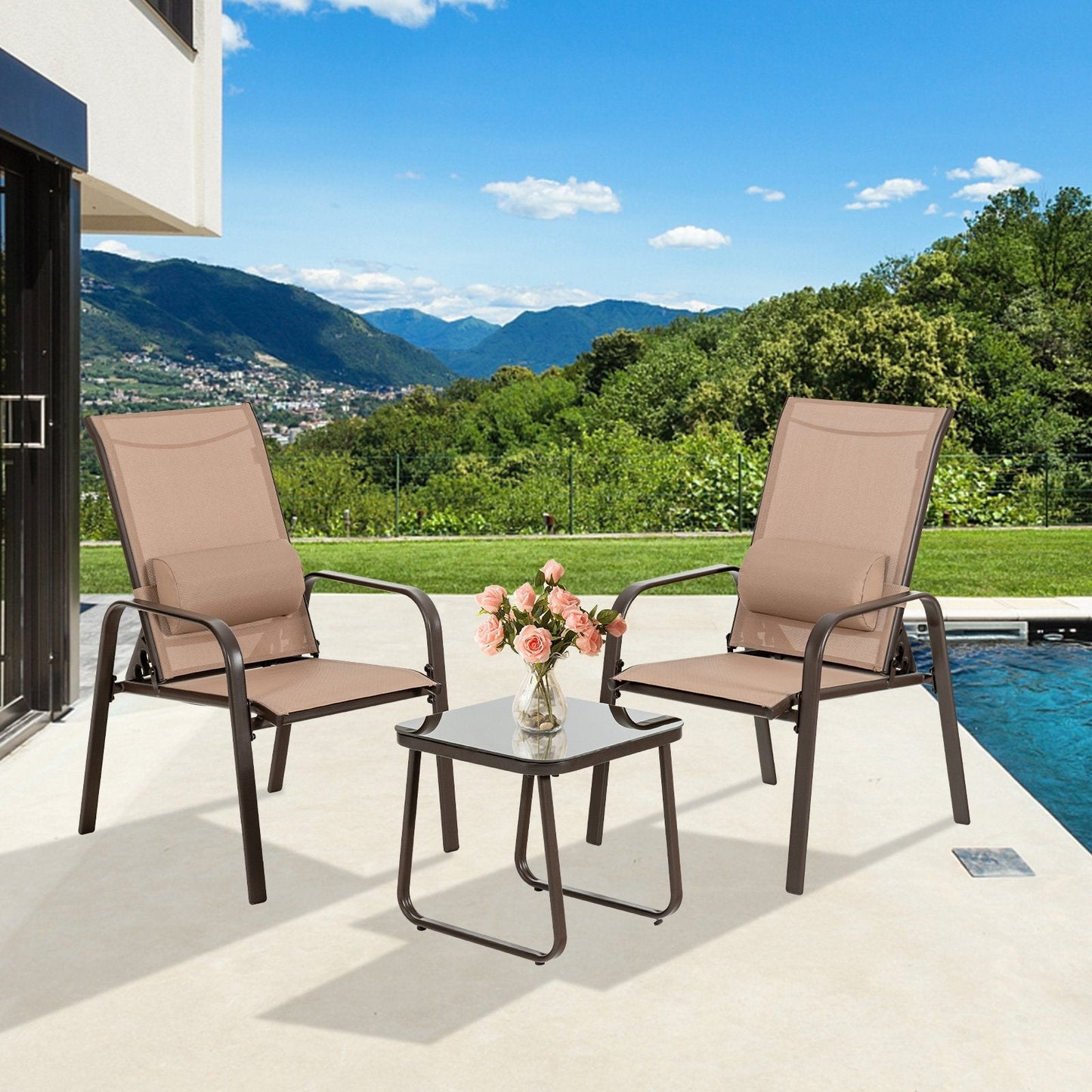3 Pieces Patio Bistro Set with Coffee Table and 2 Stackable Chairs-Brown