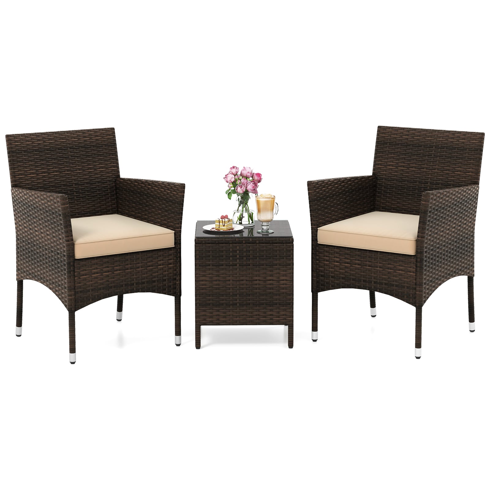 3 Pieces Patio Rattan Furniture Set with Soft Cushions and Glass Top Table-Beige