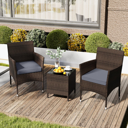 3 Pieces Patio Rattan Furniture Set with Soft Cushions and Glass Top Table-Grey