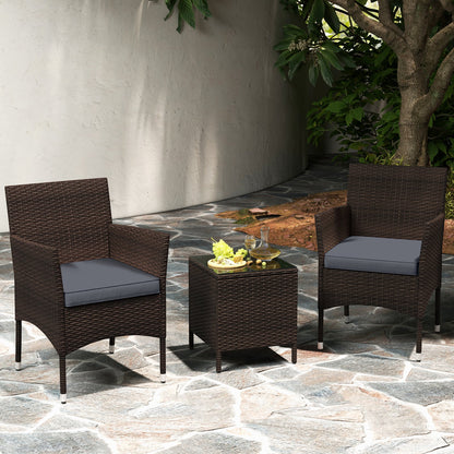 3 Pieces Patio Rattan Furniture Set with Soft Cushions and Glass Top Table-Grey