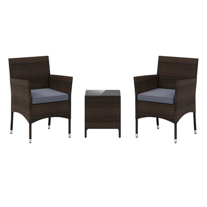 3 Pieces Patio Rattan Furniture Set with Soft Cushions and Glass Top Table-Grey