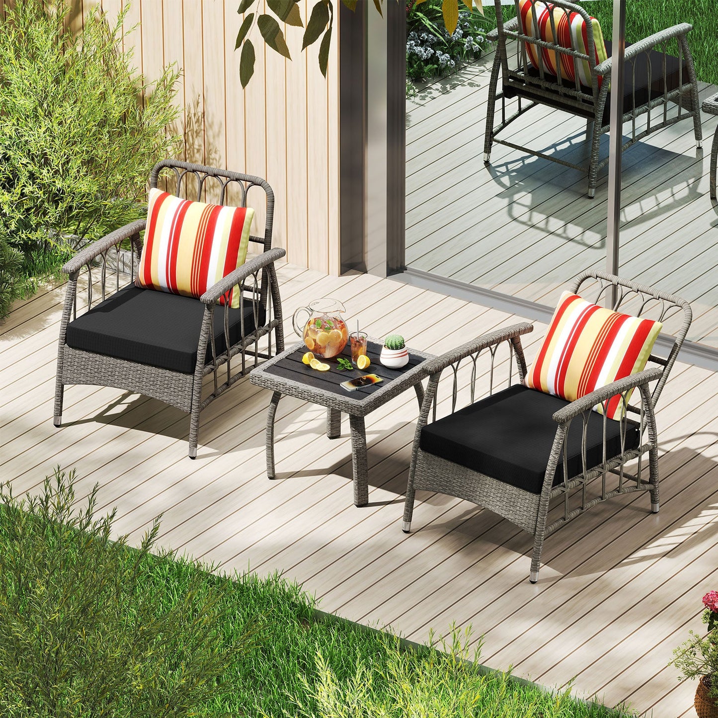 3 Pieces Patio PE Wicker Furniture Set with 5-Level Adjustable Backrest-Grey