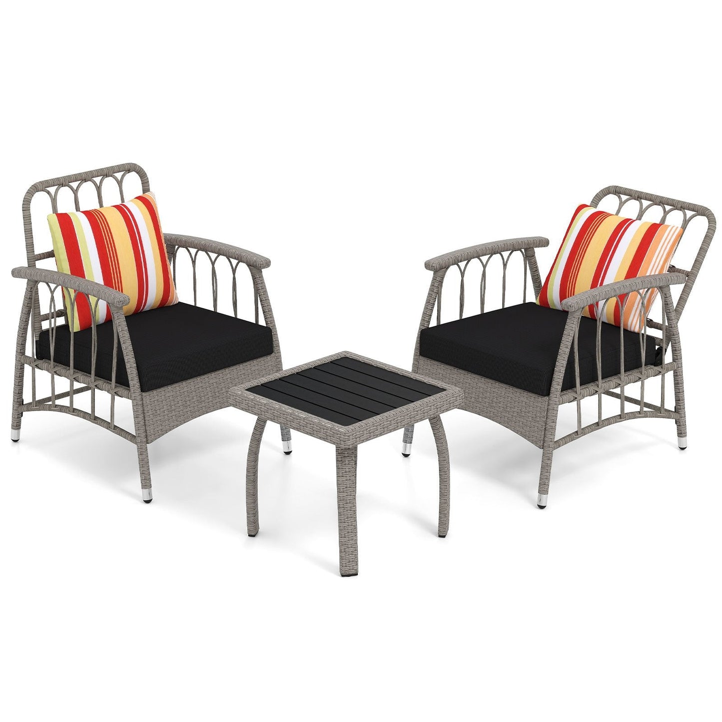 3 Pieces Patio PE Wicker Furniture Set with 5-Level Adjustable Backrest-Grey