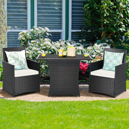 3 Pieces Patio PE Wicker Set with Tempered Coffee Table-White