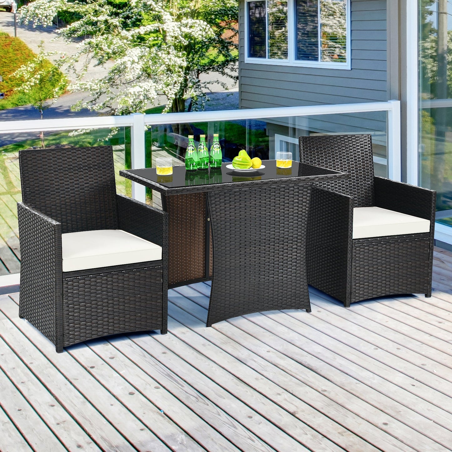 3 Pieces Patio PE Wicker Set with Tempered Coffee Table-White