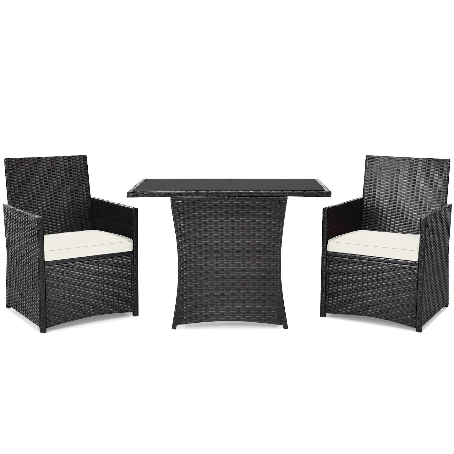 3 Pieces Patio PE Wicker Set with Tempered Coffee Table-White
