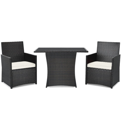 3 Pieces Patio PE Wicker Set with Tempered Coffee Table-White