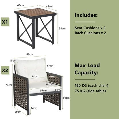 3 Pieces Patio Rattan Bistro Set with Acacia Wood Tabletop-White