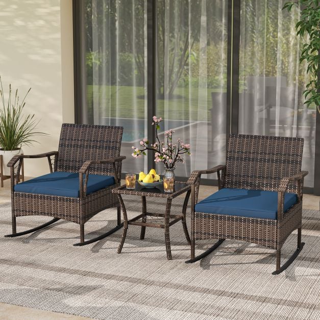 3 Pieces Rocking Bistro Set with Cushions for Porch-Navy