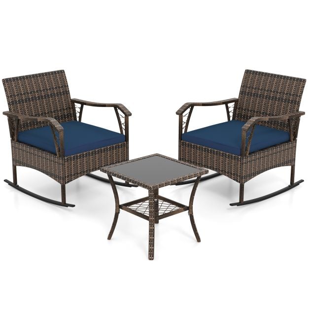 3 Pieces Rocking Bistro Set with Cushions for Porch-Navy
