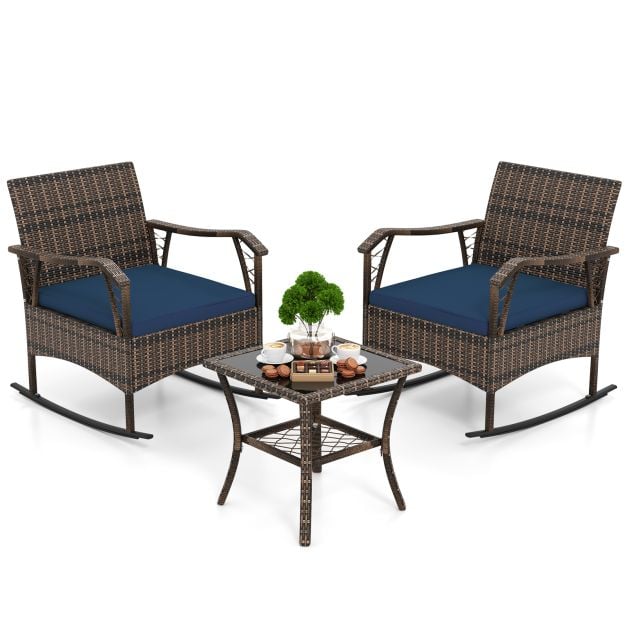 3 Pieces Rocking Bistro Set with Cushions for Porch-Navy