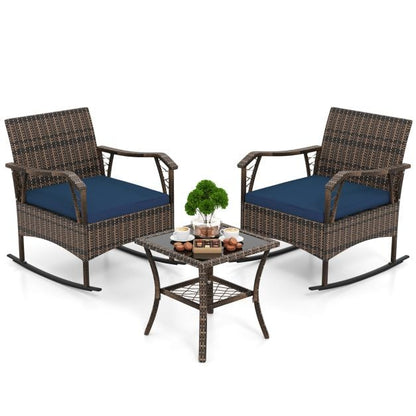 3 Pieces Rocking Bistro Set with Cushions for Porch-Navy