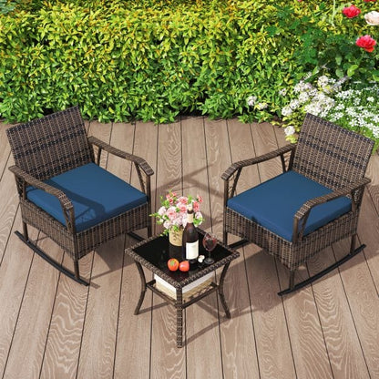 3 Pieces Rocking Bistro Set with Cushions for Porch-Navy