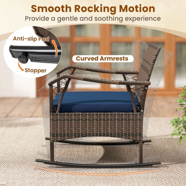 3 Pieces Rocking Bistro Set with Cushions for Porch-Navy