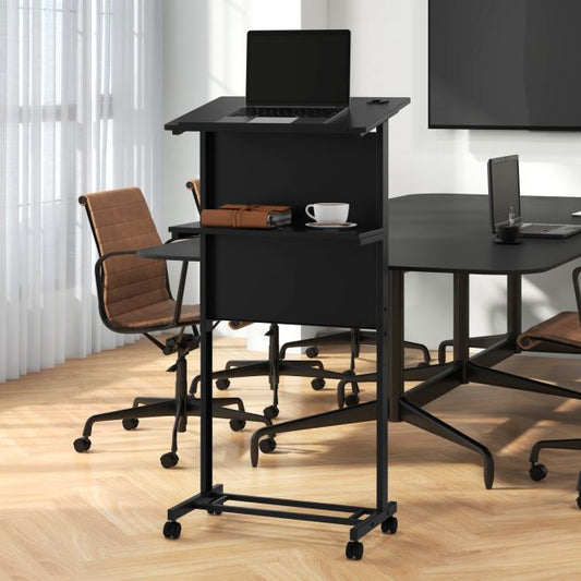 3-Position Height Adjustable Rolling Podium Stand with Tilted Tabletop-Black