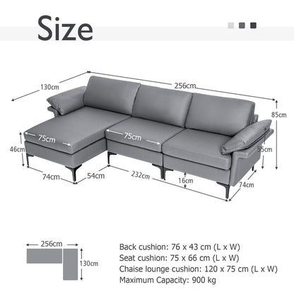 L-shaped 3-Seat Upholstered Sectional Sofa-Grey