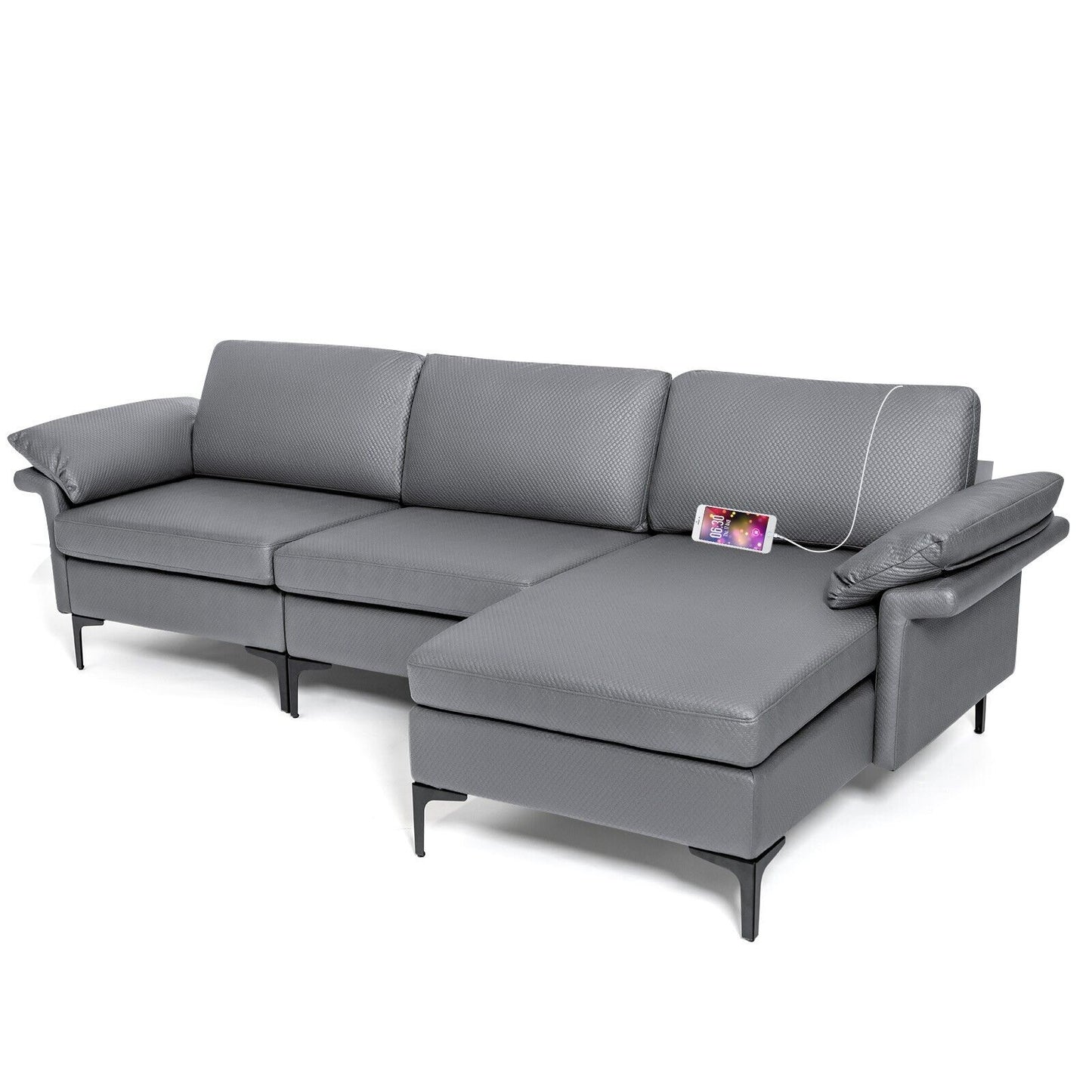 L-shaped 3-Seat Upholstered Sectional Sofa-Grey