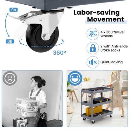 3 Shelf Rolling Metal Utility Cart with Ergonomic Handle-Grey