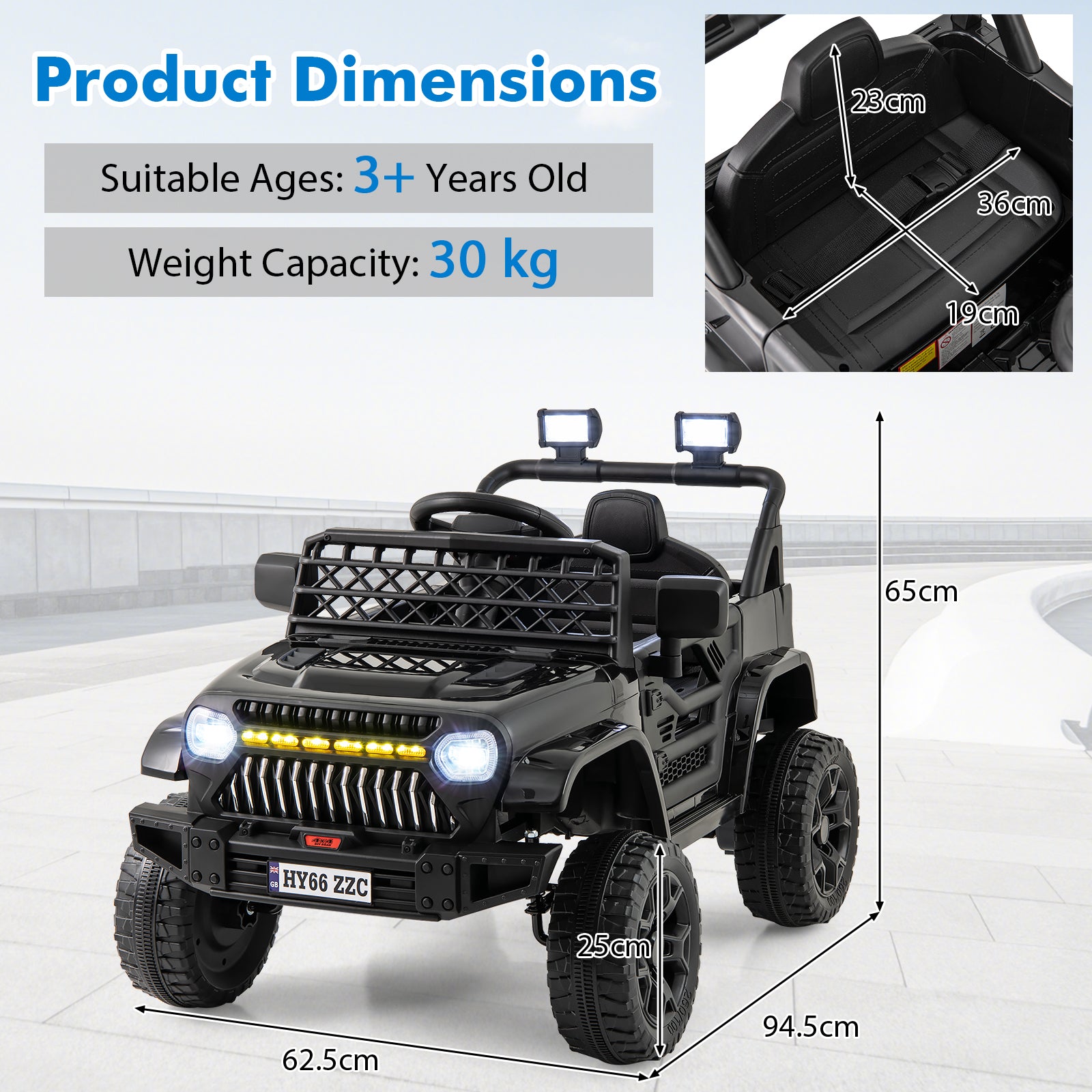12V Kids Ride on Truck Battery Powered Car with Parental Remote-Black