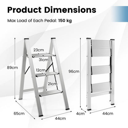 3 Step Folding Ladder with Wide Anti-Slip Pedal-Silver